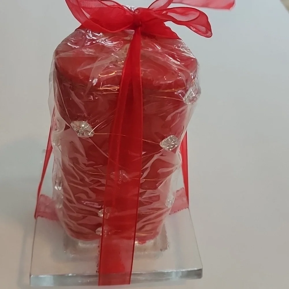 Wire And Crystal Wrapped Heart Shaped Pillar Candle Organza Ribbon Bow